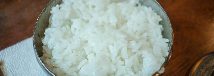 a white rice on a stainless bowl